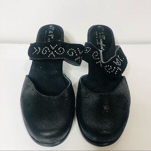 Helle Comfort Black Leather Rhinestone Strap Mule Heels